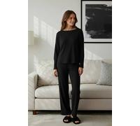 WOVCOR Women's Soft Touch Long Sleeve Pyjama Top & Wide Leg Trouser Set in Black | Size: Medium WOVCOR Black M