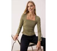 WOVCOR Women's Square Neck Draped Detailed Fitted Knit Blouse in Khaki | Size: Medium WOVCOR Khaki M