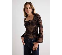 WOVCOR Women's Square Neck Spanish Sleeve Fitted Mesh Blouse in Brown | Size: XS WOVCOR Brown XS