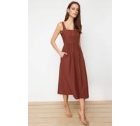 WOVCOR Women's Square Neck Thick Strap Midi Dress with Corset Seam Detail in Brown | Size: 12 WOVCOR Brown 12