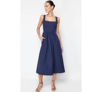 WOVCOR Women's Square Neck Thick Strap Midi Dress with Corset Seam Detail in Indigo | Size: 8 WOVCOR Indigo 8