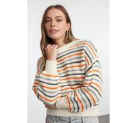 WOVCOR Women's Striped Ribbed Knit Crew Neck Jumper with Long Sleeves & Relaxed Fit in Stone | Size: S/M WOVCOR Stone S/M