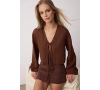 WOVCOR Women's Striped Woven Shirt with Tie Detail in Brown | Size: 10 WOVCOR Brown 10