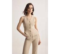 WOVCOR Women's Tailored Button Front Sleeveless V Neck Vest in Stone | Size: XS WOVCOR Stone XS
