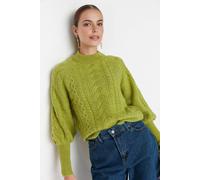 WOVCOR Women's Textured Cable Knit Jumper With Puff Sleeves in Green | Size: Large WOVCOR Green L