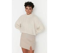WOVCOR Women's Textured Cable Knit Jumper With Puff Sleeves in Stone | Size: Small WOVCOR Stone S