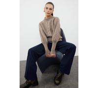 WOVCOR Women's Textured Cable Knit Jumper With Puff Sleeves in Taupe | Size: Large WOVCOR Taupe L