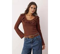 WOVCOR Women's Textured Fitted Stretch Knit Blouse with Ruffle Neck Detail in Brown | Size: Medium WOVCOR Brown M