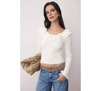 WOVCOR Women's Textured Fitted Stretch Knit Blouse with Ruffle Neck Detail in Ecru | Size: Small WOVCOR Ecru S