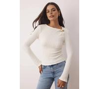 WOVCOR Women's Textured Long Sleeve Knit Top with Metal Brooch Detail in White | Size: Small WOVCOR White S