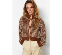 WOVCOR Women's Textured Stripe Knit Cardigan with Hook Fastening in Brown | Size: Small WOVCOR Brown S