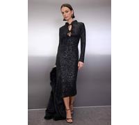 WOVCOR Women's Tie Front Keyhole Long Sleeve Sequin Midi Bodycon Dress in Black | Size: 6 WOVCOR Black 6