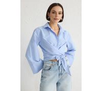 WOVCOR Women's Tie-Front Woven Shirt With Regular Fit in Blue | Size: 10 WOVCOR Blue 10