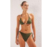 WOVCOR Women's Triangle Bikini Set with Bead Detail & Tie Side Bottom in Khaki | Size: 8 WOVCOR Khaki 8