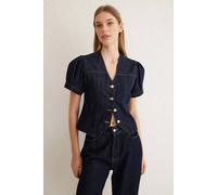 WOVCOR Women's V Neck Button Front Denim Waistcoat Blouse in Dark Blue | Size: XS WOVCOR Dark Blue XS