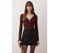 WOVCOR Women's V-Neck Fitted Knit Bodysuit with Gold Ring Detail in Brown | Size: Small WOVCOR Brown S