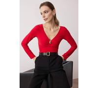 WOVCOR Women's V-Neck Fitted Knit Bodysuit with Gold Ring Detail in Red | Size: Medium WOVCOR Red M