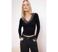 WOVCOR Women's V Neck Lace Detail Fitted Soft Knit Blouse with Long Sleeves in Black | Size: Medium WOVCOR Black M