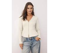 WOVCOR Women's V Neck Zip Front Long Sleeve Knitted Blouse in Stone | Size: Small WOVCOR Stone S