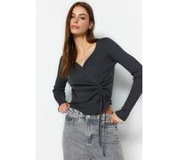 WOVCOR Women's Wrap Ribbed Knit Sweater with Ruched Side Detail in Grey | Size: Small WOVCOR Grey S