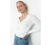 WOVCOR Women's Wrap Ribbed Knit Sweater with Ruched Side Detail in White | Size: Small WOVCOR White S