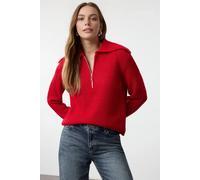 WOVCOR Women's Zip Collar Rib Knit Sweat Jumper in Red | Size: Medium WOVCOR Red M