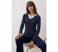 Wovcor Woven Shirt Collar Knit Blouse With Stretch Detail In Navy Navy M