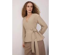 Wovcor Wrap Front Tie Waist Knit Cardigan In Stone Stone M
