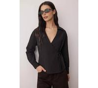Wovcor Wrap Front Woven Shirt With Tie Waist Detail In Black Black