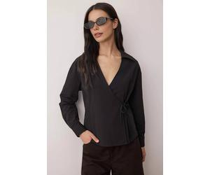 Wovcor Wrap Front Woven Shirt With Tie Waist Detail In Black Black