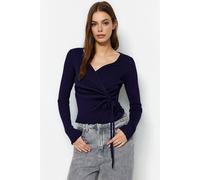 Wovcor Wrap Ribbed Knit Sweater With Ruched Side Detail In Navy Navy S