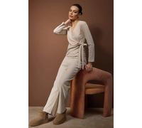 Wovcor Wrap Tie V Neck Long Sleeve Ribbed Knit Wide Leg Loungewear Set In Beige