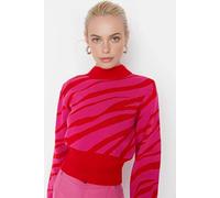 Wovcor Zebra Print High Neck Crop Knit Jumper In Pink Pink L
