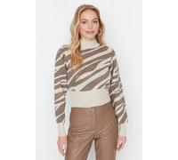 Wovcor Zebra Print High Neck Crop Knit Jumper In Taupe Taupe