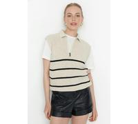 WOVCOR Zippered Striped Polo Neck Knit Sweater - Beige - S