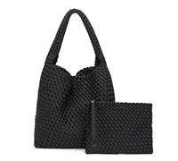 Woven Bag for Women, Neoprene Tote Bag Large Summer Beach Travel Handbag and Purse Retro Handmade Shoulder Bag, Black