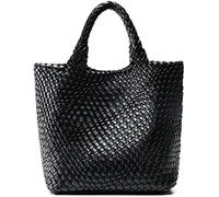 Woven Bag for Women, Vegan Leather Tote Bag Large Summer Beach Travel Handbag and Purse Retro Handmade Shoulder Bag, Black