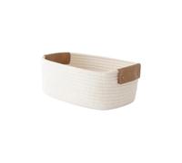 Woven Basket Cotton Rope Woven Storage Basket with Leather Handle Desktop Boite De Rangement Foldable(White-L)