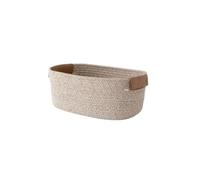 Woven Basket Cotton Rope Woven Storage Basket with Leather Handle Desktop Boite De Rangement Foldable(Brown-S)