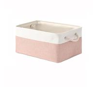 Woven Basket Folding Linen Fabric Storage Basket Multi-Functional Sundries Bag with Handle Organizer Box(White Pink,L-41X31X21CM)