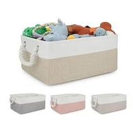 Woven Basket Folding Linen Fabric Storage Basket Multi-Functional Sundries Bag with Handle Organizer Box(White Grey,L-41X31X21CM)