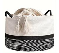 Woven Basket King-Size Woven Storage Basket Living Room Cotton Rope Blanket Household Wicker Laundry Storage(Black)