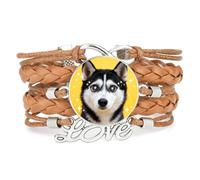 Woven Big Eyes Malamute Dog Love Adjustable Leather Braided Bracelet Brown