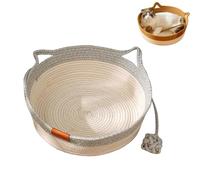 Woven Cat Bed Basket Rope Cotton Round Cat Scratch Pad Handwoven Basket Foldable Cotton Rope Woven Round Pet Bed with Teasing Ball Pet Sleeping Nest Easy to Clean (Gray,S)