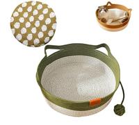Woven Cat Bed Basket Rope Cotton Round Cat Scratch Pad Handwoven Basket Foldable Cotton Rope Woven Round Pet Bed with Teasing Ball Pet Sleeping Nest Easy to Clean (Green+Mat,S)