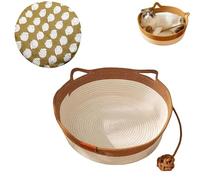 Woven Cat Bed Basket Rope Cotton Round Cat Scratch Pad Handwoven Basket Foldable Cotton Rope Woven Round Pet Bed with Teasing Ball Pet Sleeping Nest Easy to Clean (Brown+Mat,L)