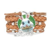 Woven Charm Big Eyes Rabbit Love Adjustable Leather Braided Bracelet Brown