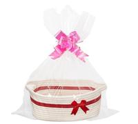 Woven Cotton Rope Basket with Handles, for Little Ones Toy Organizing, Pink and Red Decorative Ribbon, Gift Hamper, Empty Storage Container