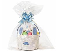 Woven Easter Basket with Handle, Empty Bunny Gift Basket for Boy Girl Baby Easter Egg Hunt (Light blue -white)
