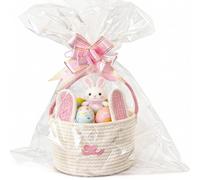 Woven Easter Basket with Handle, Empty Bunny Gift Basket for Boy Girl Baby Easter Egg Hunt (Pink-White)